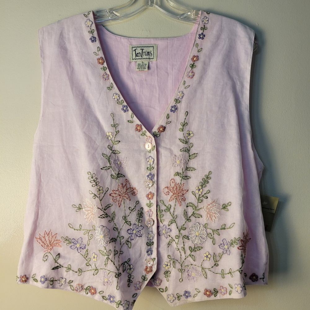 Tan Trums Vintage Pink Cotton Floral Embroidered Button Front Vest Large L